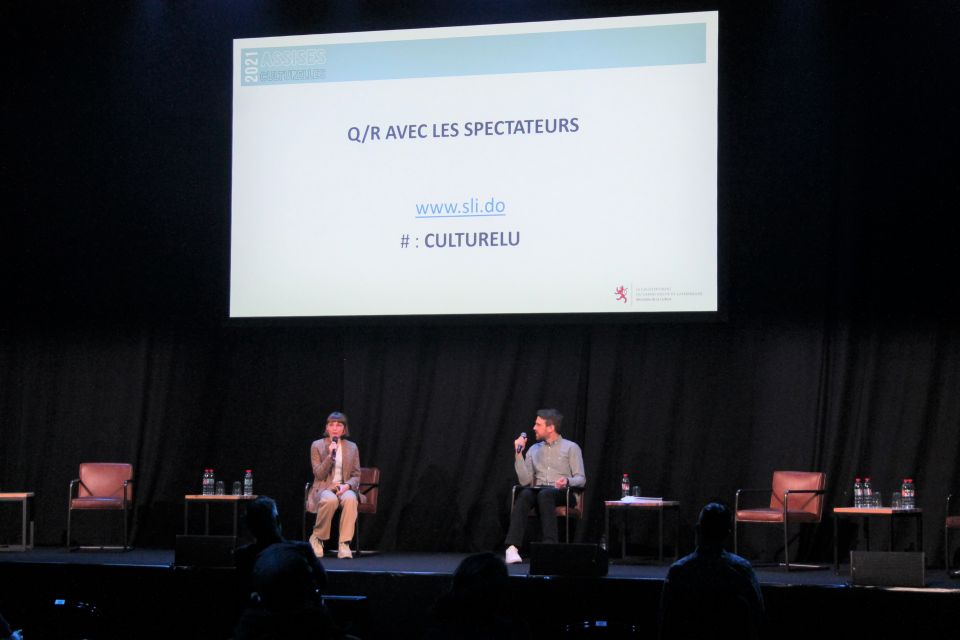 "Kulturentwécklungsplang" 2018-2028: Presentation of the state of progress of the rock, pop and electro sector by Aurélie Colling, author and Yves Stephany, radio 100,7 (fr. l. to r.)