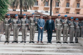(center, left to right) Colin Stewart, Special Representative and Head of the United Nations Peacekeeping Force in Cyprus (UNFICYP);  Xavier Bettel Prime Minister, Minister of State