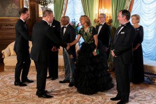 Grand Ducal Palace - Salon des rois - Reception (procession) - Presentation of the guests at the gala dinner – Mr Gauthier Destenay; spouse of Xavier Bettel; Xavier Bettel, Prime Minister, Minister of State