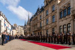 Palais grand-ducal – Accueil officiel du couple présidentiel par S.A.R. le Grand-Duc – Revue des troupes
