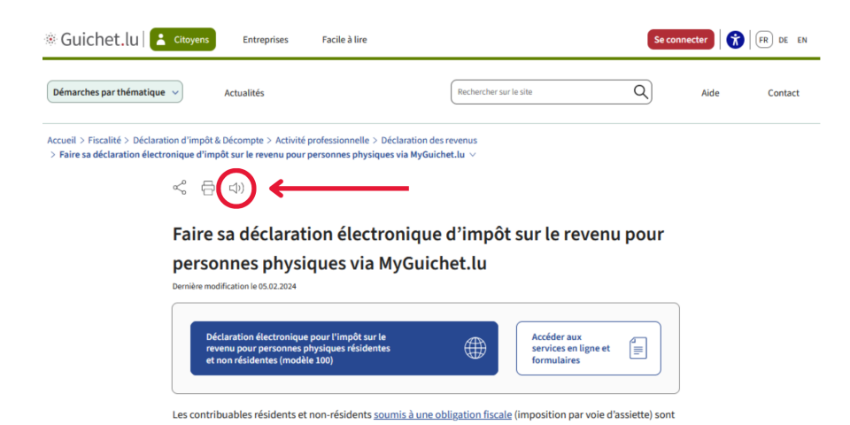 Illustration of the text reader button on Guichet.lu