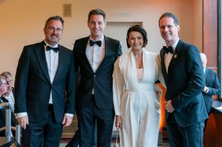 (fr. l. to r.) Xavier Bettel, Vice Prime Minister, Minister for Foreign Affairs and Foreign Trade, Minister for Development Cooperation and Humanitarian Affairs; Diederik Pauwelym, Chief of Staff to the Governor of East Flanders; Stephanie D'Hose, President of the Senate; Gauthier Destenay, Xavier Bettel's husband.