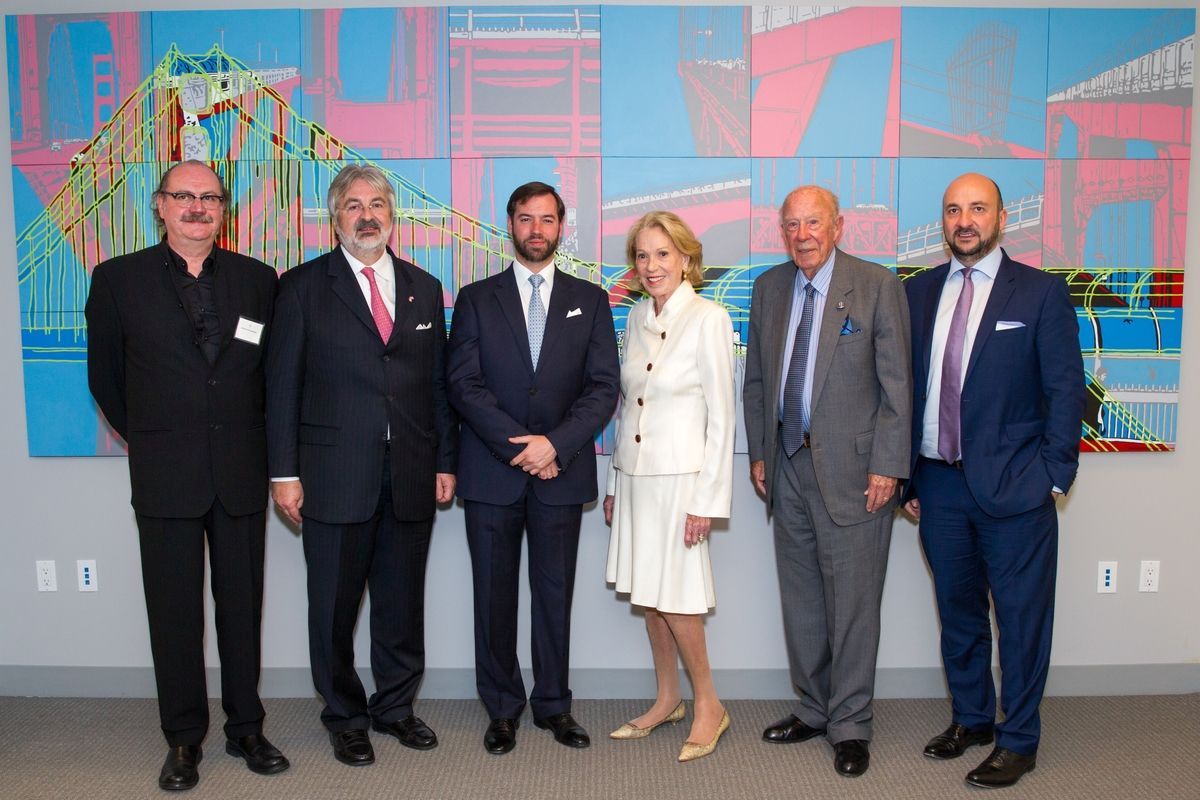 Armand Strainchamps, artiste luxembourgeois; Georges Schmit, consul général; S.A.R. le Grand-Duc héritier; Charlotte Mailliard Shultz (Ville de San Francisco); George P. Shultz, ancien secrétaire d’État américain; Étienne Schneider