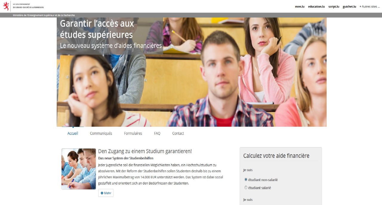 Site informant sur le nouveau système d'aides financières