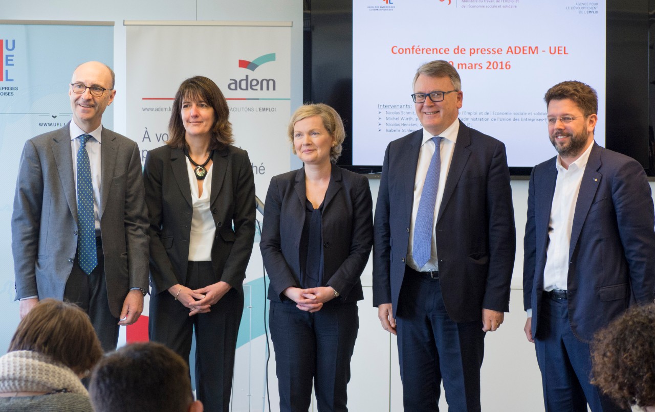 Lancement du JobBoard de l’ADEM et premier bilan du programme “Entreprises, partenaires pour l’emploi” - Michel Wurth, président de l’UEL; Gaby Wagner, directrice adjointe de l’ADEM; Isabelle Schlesser, directrice de l’ADEM; Nicolas Schmit, ministre du Travail, de l’Emploi et de l’Economie sociale et solidaire; Nicolas Henckes, secrétaire général de l’UEL