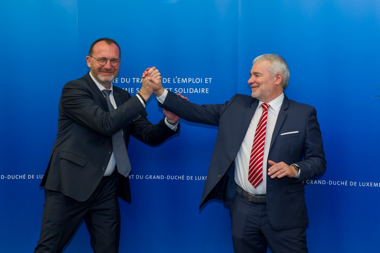 Georges Engel, ministre du Travail, de l’Emploi et de l’Économie sociale et solidaire ; Dan Kersch, Vice-Premier ministre, ministre du Travail, de l’Emploi et de l’Économie sociale et solidaire sortant