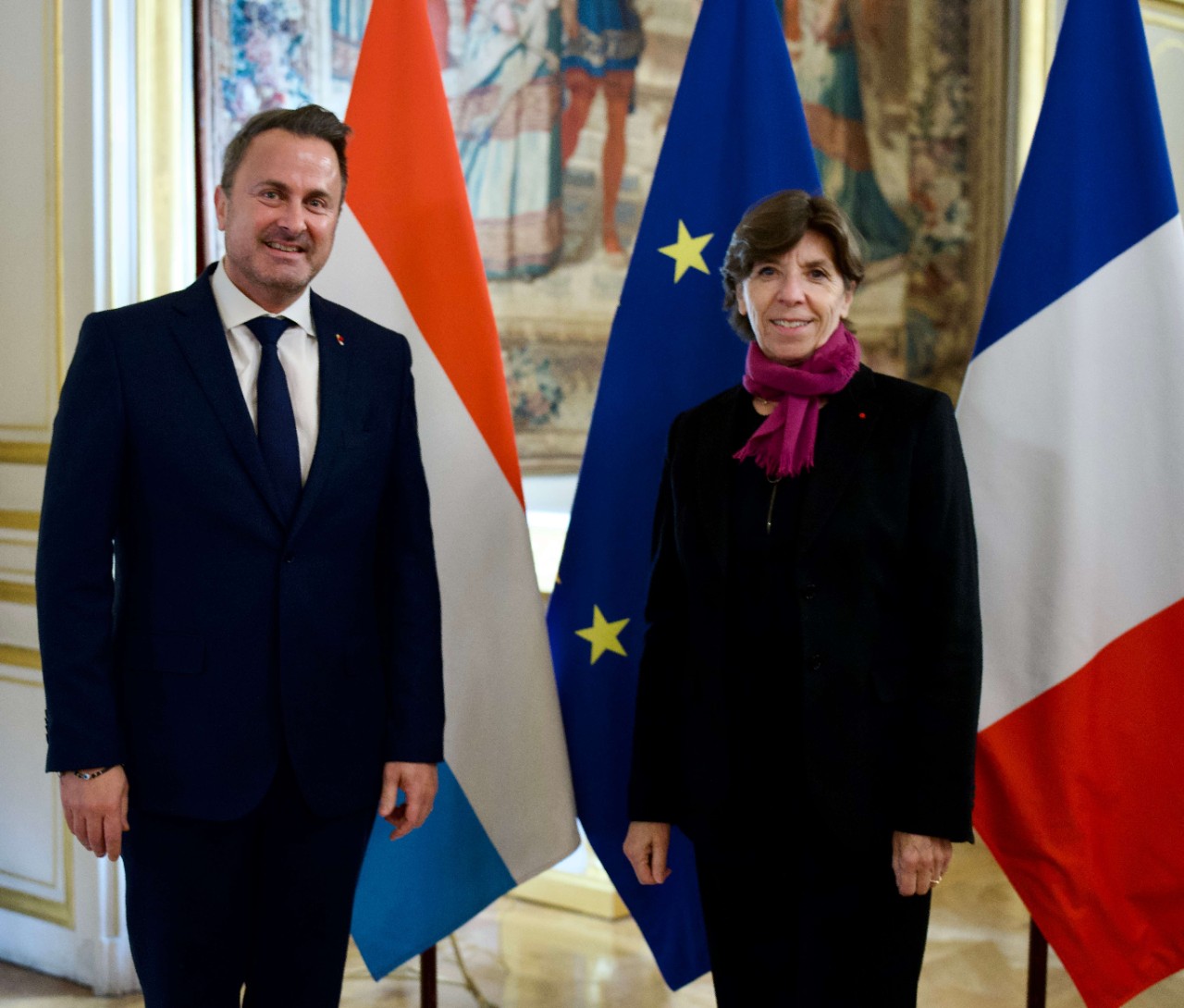Xavier Bettel, ministre des Affaires étrangères et européennes, de la Coopération et du Commerce extérieur; Catherine Colonna, ministre de l’Europe et des Affaires étrangères de la France
